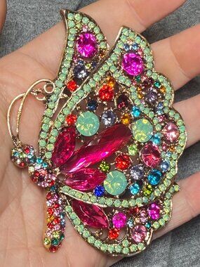 Large Rhinestone Butterfly Brooch Pink Multicolor Statement Pin Sparkly Costume